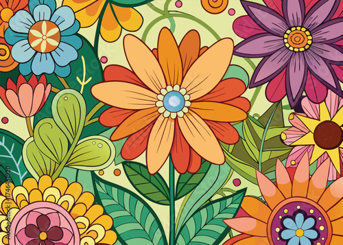 Vibrant abstract floral composition with bold outlines and varied petal shapes colorful petals