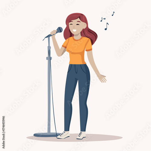 A young woman with red hair joyfully singing into a microphone on a stand, with musical notes floating.