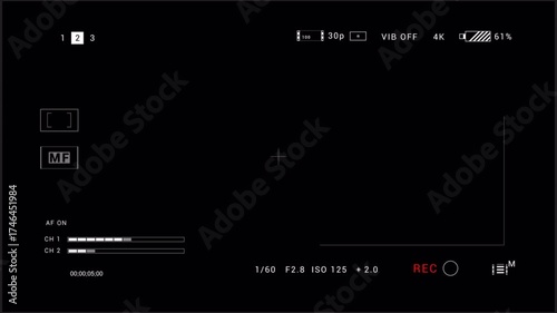 4k camera viewfinder with transparency. Widescreen video Camera screen, smartphone recording overlay frame with black background. Digital display with multiple settings. CCTV viewfinder