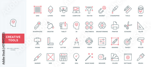 Brainstorming creative idea, authors tools of editor, software settings line icons set. Digital graphic design, magnet for multimedia content thin black and red outline symbols vector illustration
