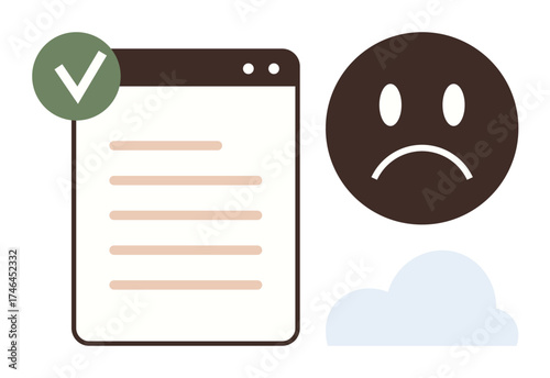 Document with checklist and green checkmark, sad face expressing negative emotion, and cloud. Ideal for productivity, emotions, feedback, system workflows, task planning, decisions simple flat