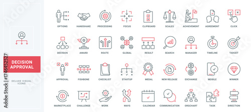 Approval of work decisions line icons set. Magnifying glass search for solution and options, focus on achievement and timeline, startup thin black and red outline symbols vector illustration