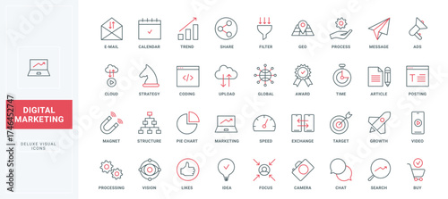 Digital marketing line icons set. Promo blog in social media and email ads for business growth, market structure research and plan in calendar, thin black and red outline symbols, vector illustration