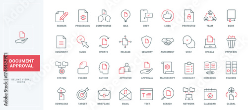 Documents approval line icons set. System stamps to release, update and approve files or product, process agreement and checklist on clipboard thin black and red outline symbols, vector illustration