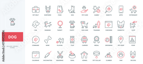 Dog care thin black and red line icons set vector illustration. Outline symbols of veterinarian help and training, vaccination calendar and chip of puppy, paw and medal of winner, vet store pictograms
