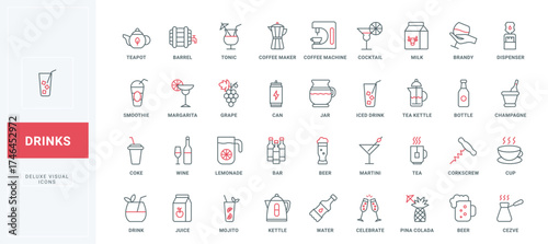 Drinks of bar thin black and red line icons set vector illustration. Outline barrel, can or glass bottle symbols, cocktails and champagne, cup and kettle of tea and coffee machine, beer and juice