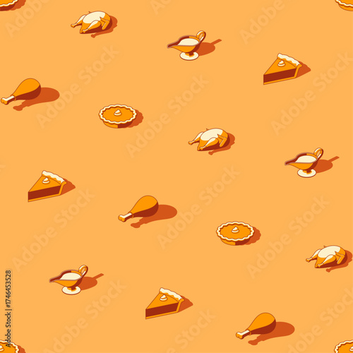 Seamless pattern of thanksgiving dinner icons on orange background