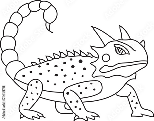 Horned lizard crawling with spiky back and curled tail