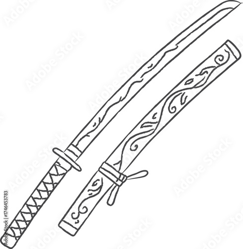 Decorative curved sword with engraved scabbard and hilt