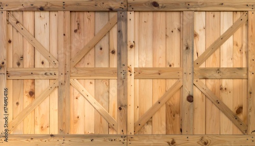 A symmetrical close-up view of a new wooden door with plank panels and diagonal bracing