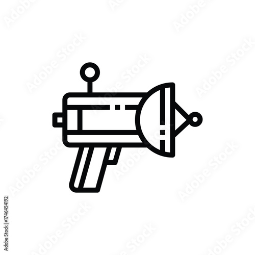 A black lineart illustration depicts a raygun It has a handle a cylindrical body and a circular dishlike end