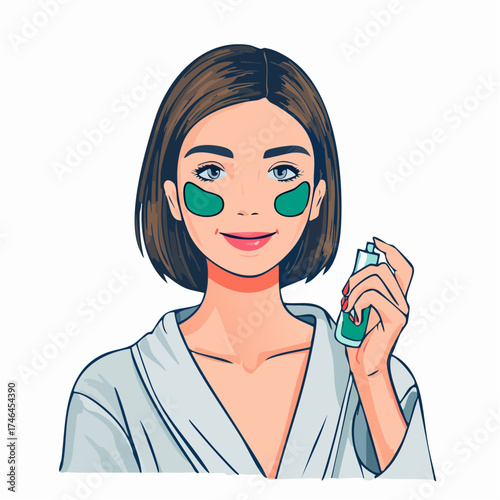 Illustration of a young woman in a bathrobe with green under-eye patches holding a skincare product.