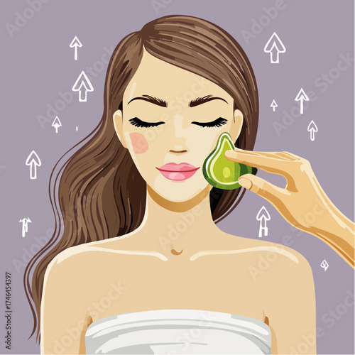 Illustration of a beautiful woman receiving a relaxing facial massage with a green gua sha stone for a lifting effect.