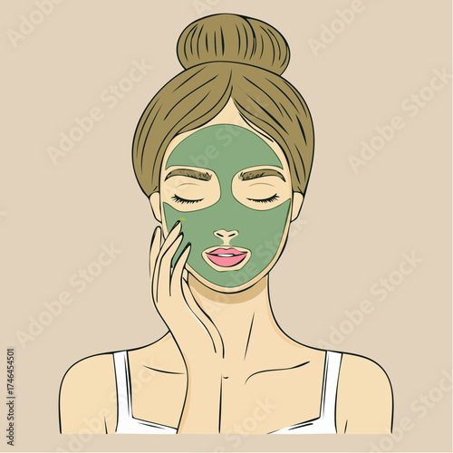 Illustration of a young woman with her hair in a bun applying a green cosmetic facial mask for a skincare routine.