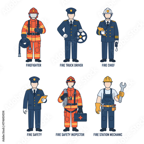Vector illustration showcasing six different uniformed professions related to fire service, including firefighter, fire truck driver, fire chief, fire safety...
