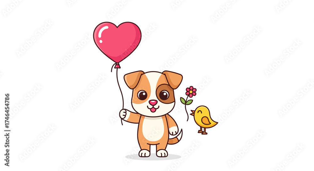 Obraz premium Adorable puppy with a heart balloon and a friendly bird on a white background drawing