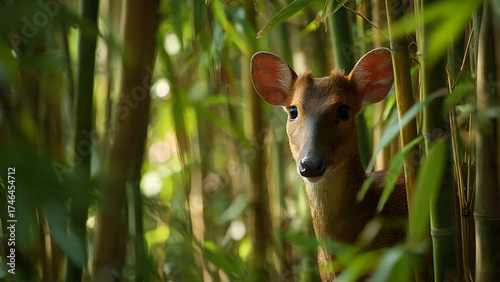 A browsing doe in tall grass, illuminated by warm filtered light that accentuates fur texture and habitat depth.