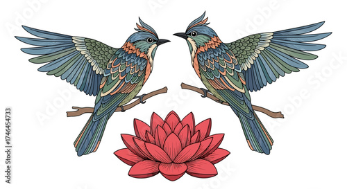 Elegant vector illustration featuring two birds on branches facing each other above a lotus flower
