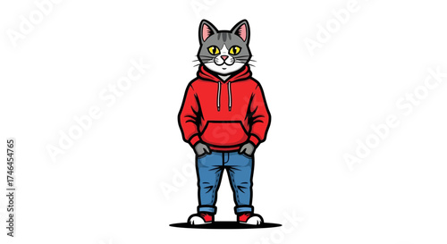 Anthropomorphic cat character in red hoodie and jeans standing on white background