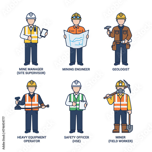 Six illustrations depicting various mining industry professionals: mine manager, mining engineer, geologist, heavy equipment operator, safety officer, and miner.
