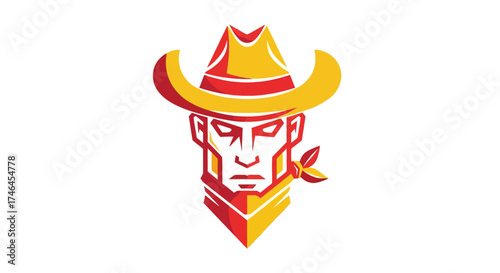 Geometric Cowboy Head Logo with Hat and Bandana in Striking Red and Yellow Colors