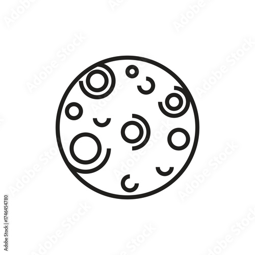 A black outlined circle filled with smaller circles and curved shapes resembling a celestial body