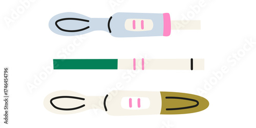 Set of positive pregnancy tests. Collection of home early detection pregnancy. Medical, female reproductive, planning of pregnancy concept. Flat doodle medicine vector illustration