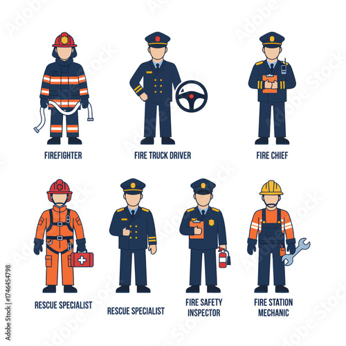 Illustration depicting various emergency service personnel, including firefighter, driver, chief, rescue specialist, inspector, and mechanic, in uniform.