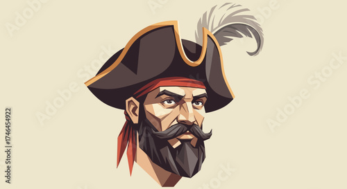 Stylized portrait of a pirate captain with tricorn hat and a determined expression