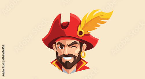 Cartoon pirate character winking with a red hat and golden feather illustration