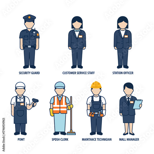 Illustration of diverse professions including security guard, customer service, station officer, porter, stock clerk, maintenance technician, and mall manager.