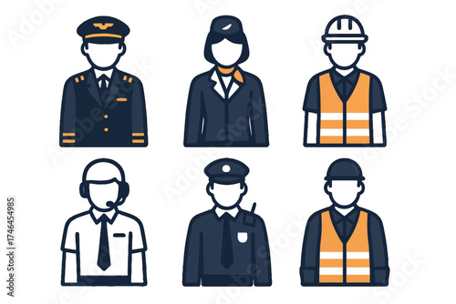 A set of six vector icons depicting people in various professions, including a pilot, flight attendant, construction worker, customer service representative,...