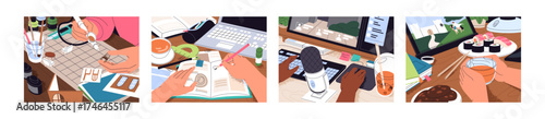 Set of creative workplaces. Work tables with human hands. People create with 3D pen, do homework, study, play computer games, watch videos or movies, eating at the desk. Flat vector illustrations