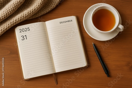 Open planner with December 31, 2025 year page, cup of tea, black pen and cozy atmosphere on wooden desk.
