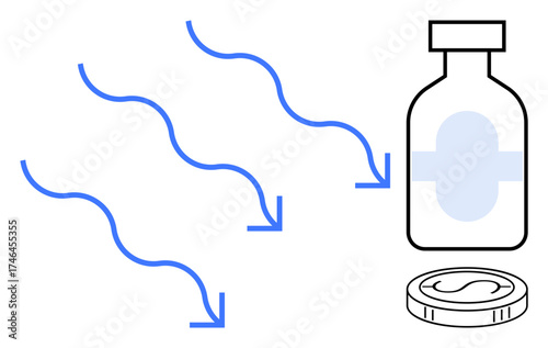 Blue arrows pointing toward a medicine bottle and capsule, conveying a health and treatment theme. Ideal for healthcare, pharmacy, medicine, solutions, flow, treatment process, simple flat metaphor