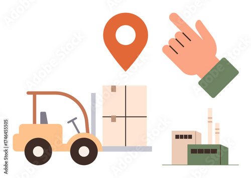 Forklift carrying boxes, location pointer symbol, hand gesture, and factory building. Ideal for logistics, delivery, supply chain, transportation, manufacturing warehouse management business