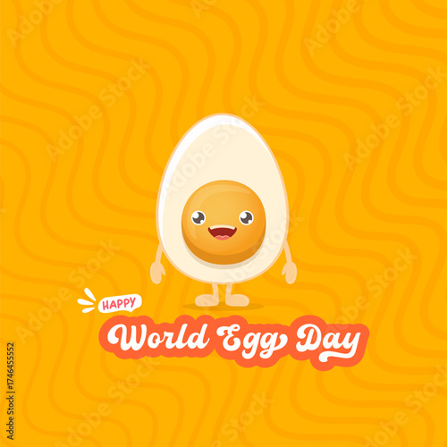 World egg day square greeting card with vector funny cartoon cute smiling tiny egg character isolated on orange geometric pattern background. Egg day poster or banner