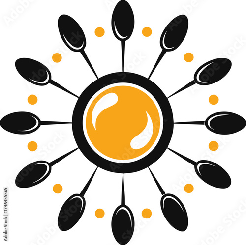 Egg yolk as a sun or planet surrounded by orbiting spoons.  silhouette vector icon , white background 
