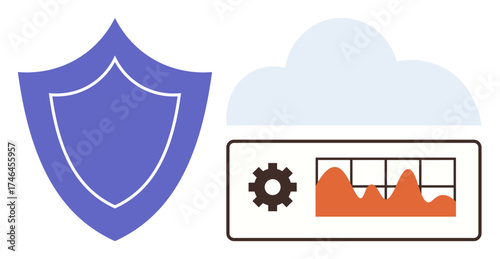 Blue security shield, cloud, and analytics dashboard with graph and gear icon illustrating data protection, performance monitoring, and cloud computing. Ideal for cybersecurity, analytics, cloud