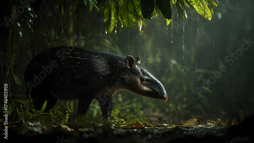 A forest tapir forages on the rainforest floor at dusk, highlighted by soft rim light and lush undergrowth.