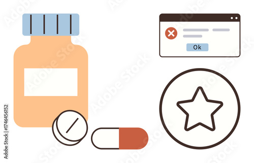 Medicine bottle, capsules, and tablet represent pharmaceuticals. Error message hints issues thumbs up side effects, while a star depicts evaluation or quality. Ideal for healthcare, medication