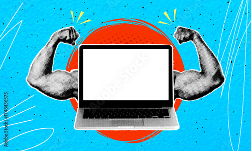 An image of a modern laptop and muscular arms against a blue background. A trendy halftone art collage. Concept for online propaganda.