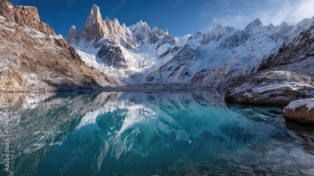 Fototapeta premium Majestic Snow-Capped Peaks Reflected in Tranquil Alpine Lake Surrounded by Rugged Mountains Under a Clear Blue Sky at Sunrise