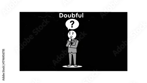 Illustration of a doubtful man in a suit with a question mark thought bubble in a dark background scene