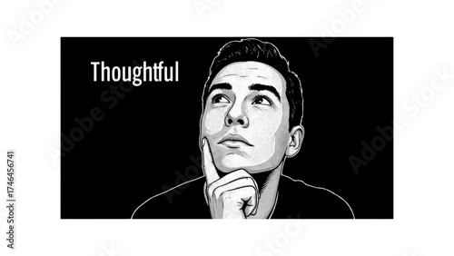 Illustration of a man in deep thought with his finger on his chin looking upwards on a black background