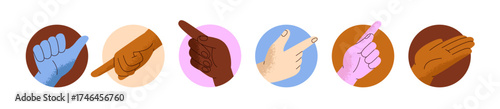Set of pointing fingers in circles. Different hand gestures in round shapes: approval sign, thumbs up, pointers of direction, human palm. Flat isolated vector illustrations on white background