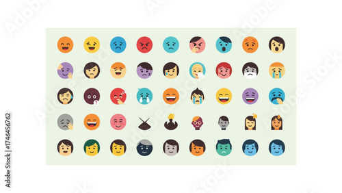 Collection of diverse cartoon faces displaying a wide range of emotions and expressions in a grid layout