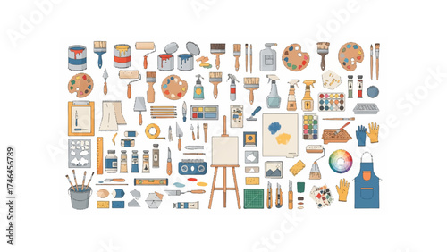 Illustration showcasing a diverse array of artistic tools and painting supplies arranged neatly together