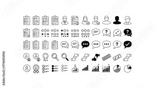 Illustration of various business and survey icons including clipboards, charts, and user profiles set in rows