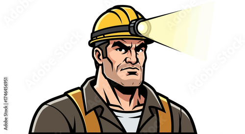 Cartoon illustration of a determined miner with a hard hat and headlamp shining brightly